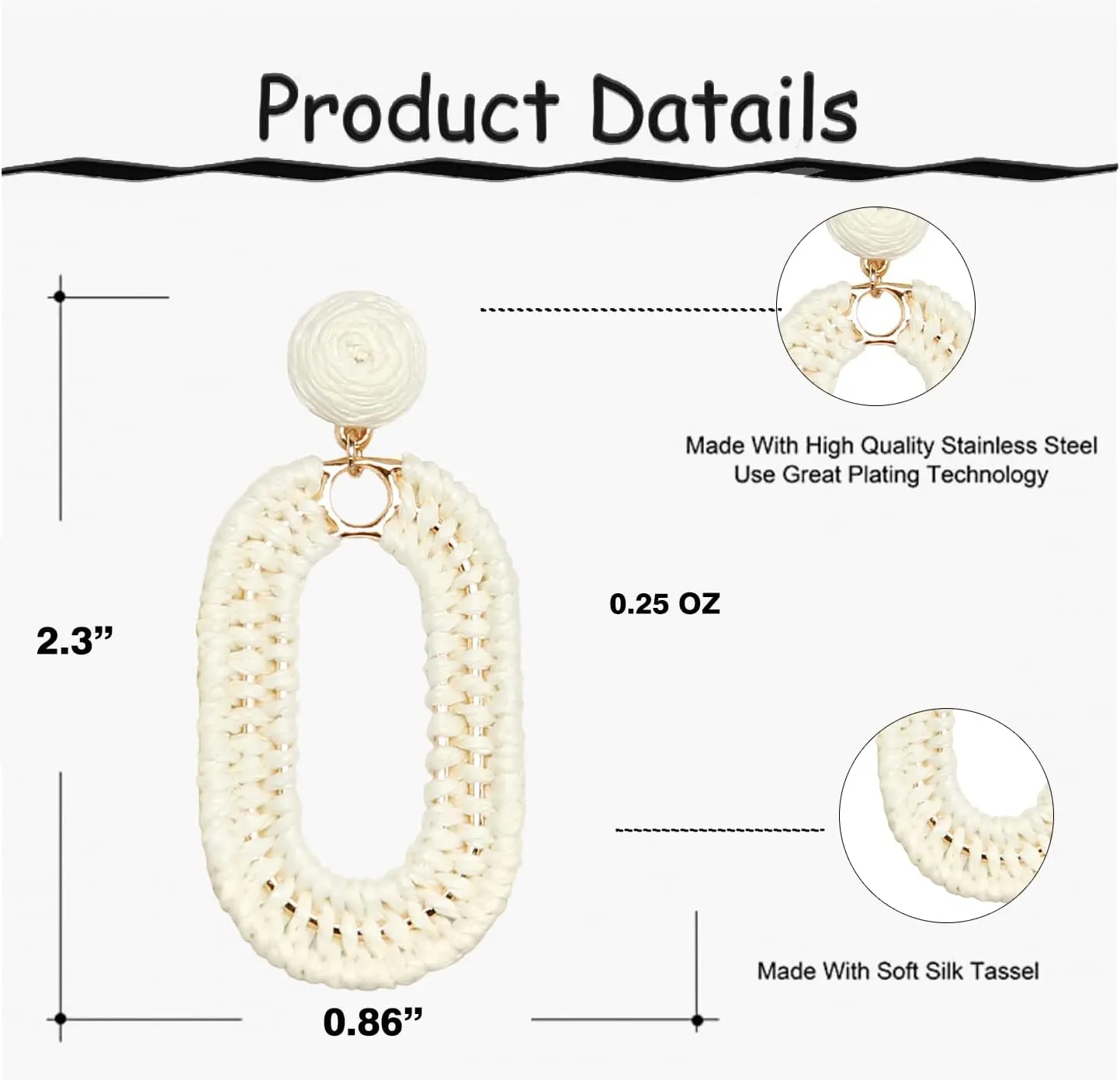 Raffia Oval Earrings for Women - Boho Woven Rattan Earrings for Summer Beach - Tropical Vacation Earrings