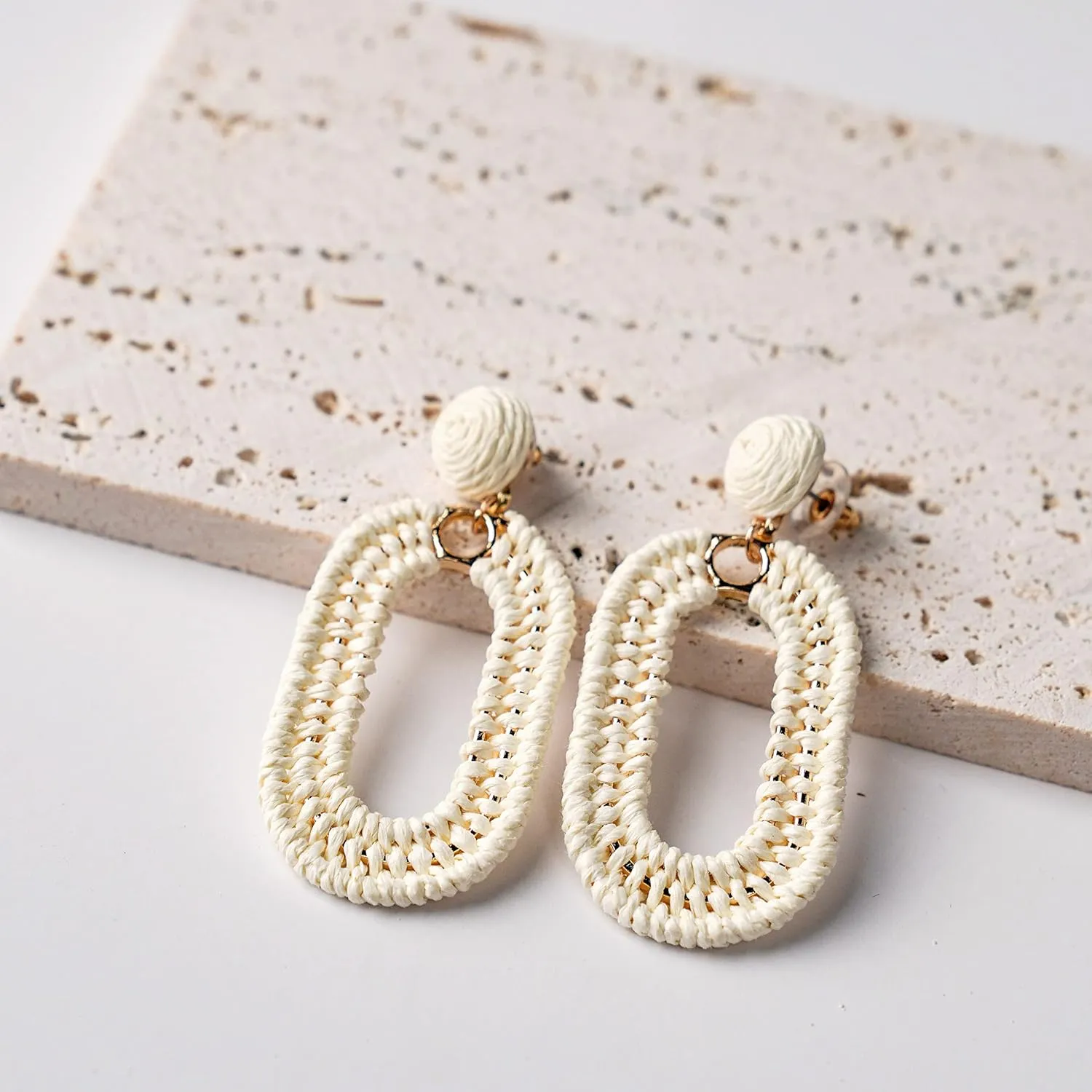 Raffia Oval Earrings for Women - Boho Woven Rattan Earrings for Summer Beach - Tropical Vacation Earrings