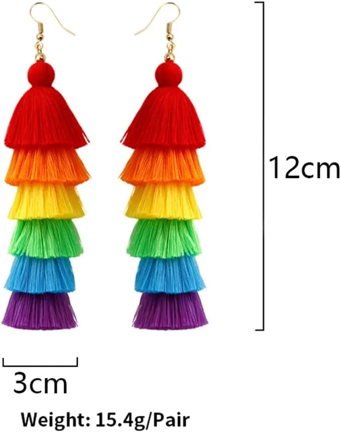 Rainbow Layered Boho Tassel Dangle Drop Earrings for Women Men Long Lightweight Fringe Dangling Colorful Earring Jewelry