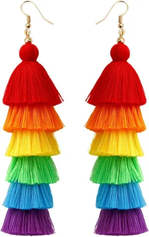 Rainbow Layered Boho Tassel Dangle Drop Earrings for Women Men Long Lightweight Fringe Dangling Colorful Earring Jewelry