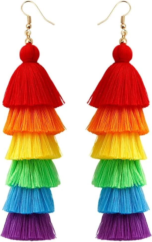Rainbow Layered Boho Tassel Dangle Drop Earrings for Women Men Long Lightweight Fringe Dangling Colorful Earring Jewelry