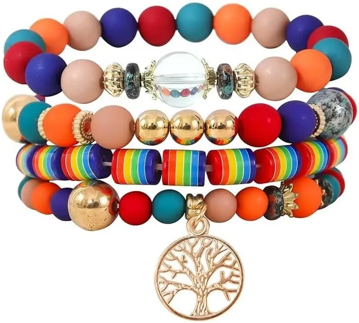 Rainbow LGBT Pride Bracelets Boho Colorful Polymer Clay Beaded Lesbian Bisexual Support Stretch Bracelets Wristband Pride Month Friendship Gifts for Men Women