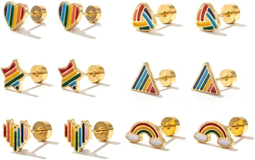 Rainbow Stud Earring Set for Women Men Dainty Gay Lesbian Pride Stud Earrings Colorful Tiny Triangle Star Heart Rainbows Enamel LGBTQ Earrings Trendy Jewelry Gift