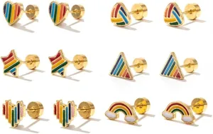 Rainbow Stud Earring Set for Women Men Dainty Gay Lesbian Pride Stud Earrings Colorful Tiny Triangle Star Heart Rainbows Enamel LGBTQ Earrings Trendy Jewelry Gift