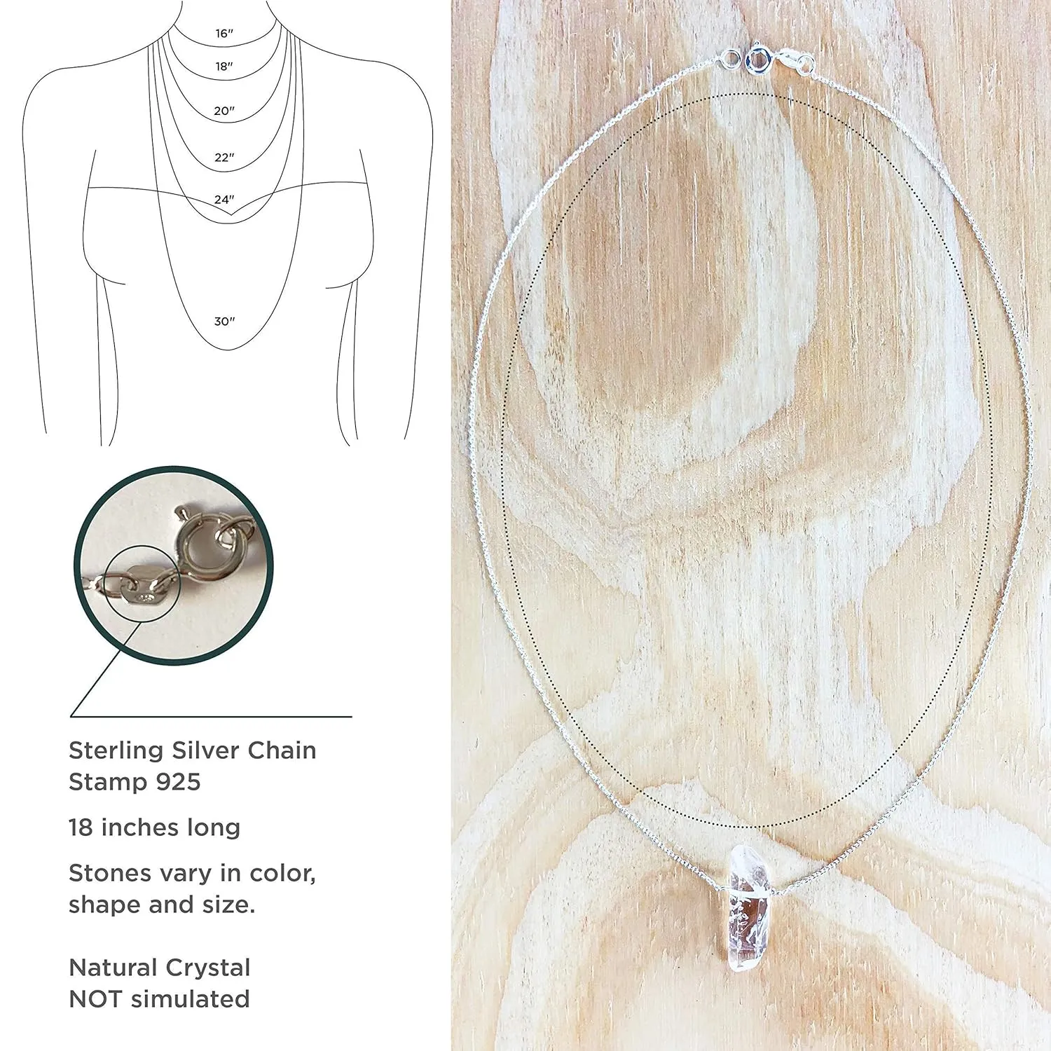 Raw Clear Quartz Crystal Necklace, Authentic Natural White Pendant, 925 Sterling Silver 18 inch Chain, Handmade Jewelry Gifts for Women and Men (Crystal-Silver)