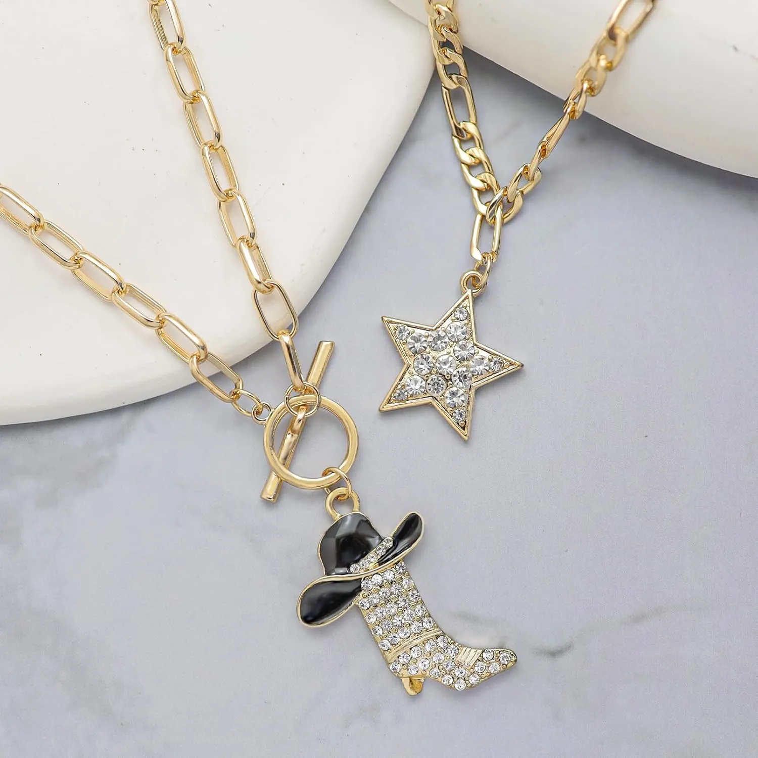 RechicGu 2 Pcs Sparkly Rhinestone Star Choker Western Cowgirl Boot Pendant Stackable Necklace Set for Women Chunky Chain, Cowboy Enamel Hat Boot Star Necklace Western Stackable Jewelry for Women