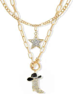 RechicGu 2 Pcs Sparkly Rhinestone Star Choker Western Cowgirl Boot Pendant Stackable Necklace Set for Women Chunky Chain, Cowboy Enamel Hat Boot Star Necklace Western Stackable Jewelry for Women