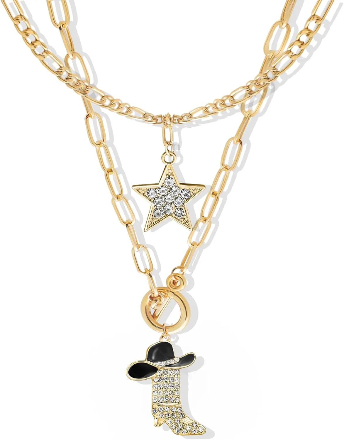 RechicGu 2 Pcs Sparkly Rhinestone Star Choker Western Cowgirl Boot Pendant Stackable Necklace Set for Women Chunky Chain, Cowboy Enamel Hat Boot Star Necklace Western Stackable Jewelry for Women