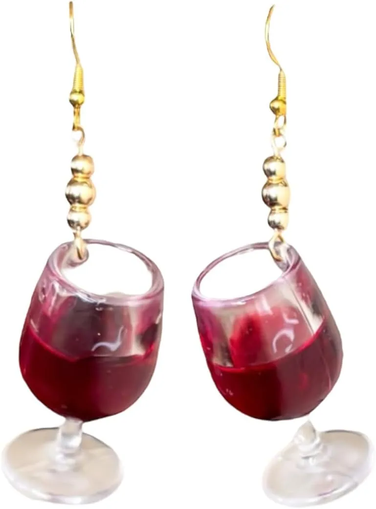 Red Wine Glass Dangle Earrings, Gold-Tone Beaded Hook, Novelty Wine Lover Jewelry