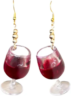 Red Wine Glass Dangle Earrings, Gold-Tone Beaded Hook, Novelty Wine Lover Jewelry