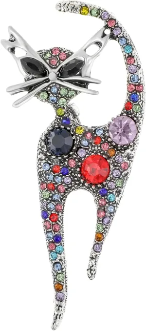 Rhinestone Cat Brooch Pin, Vintage Crystal Rhinestones Bizarre Cat Brooch Cute Colorful Crystals Animal Kitten Brooch Lapel Pins Dress Accessories
