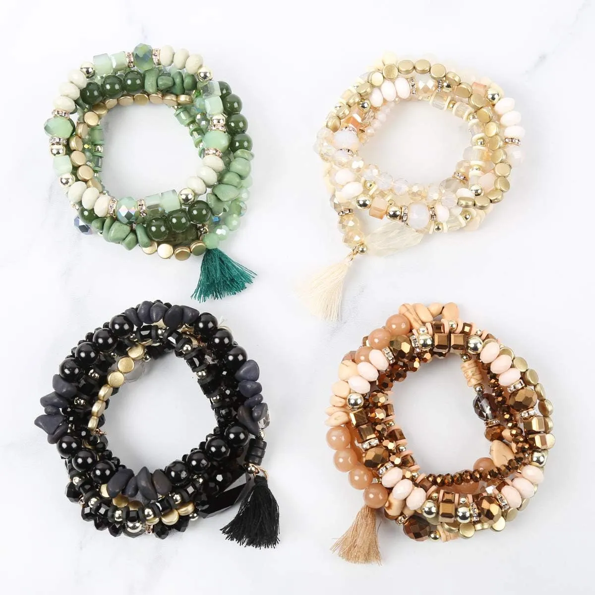 RIAH FASHION Coin Bead Multi Layer Versatile Statement Bracelets - Stackable Beaded Strand Stretch Bangles Sparkly Crystal, Tassel Charm