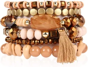 RIAH FASHION Coin Bead Multi Layer Versatile Statement Bracelets - Stackable Beaded Strand Stretch Bangles Sparkly Crystal, Tassel Charm