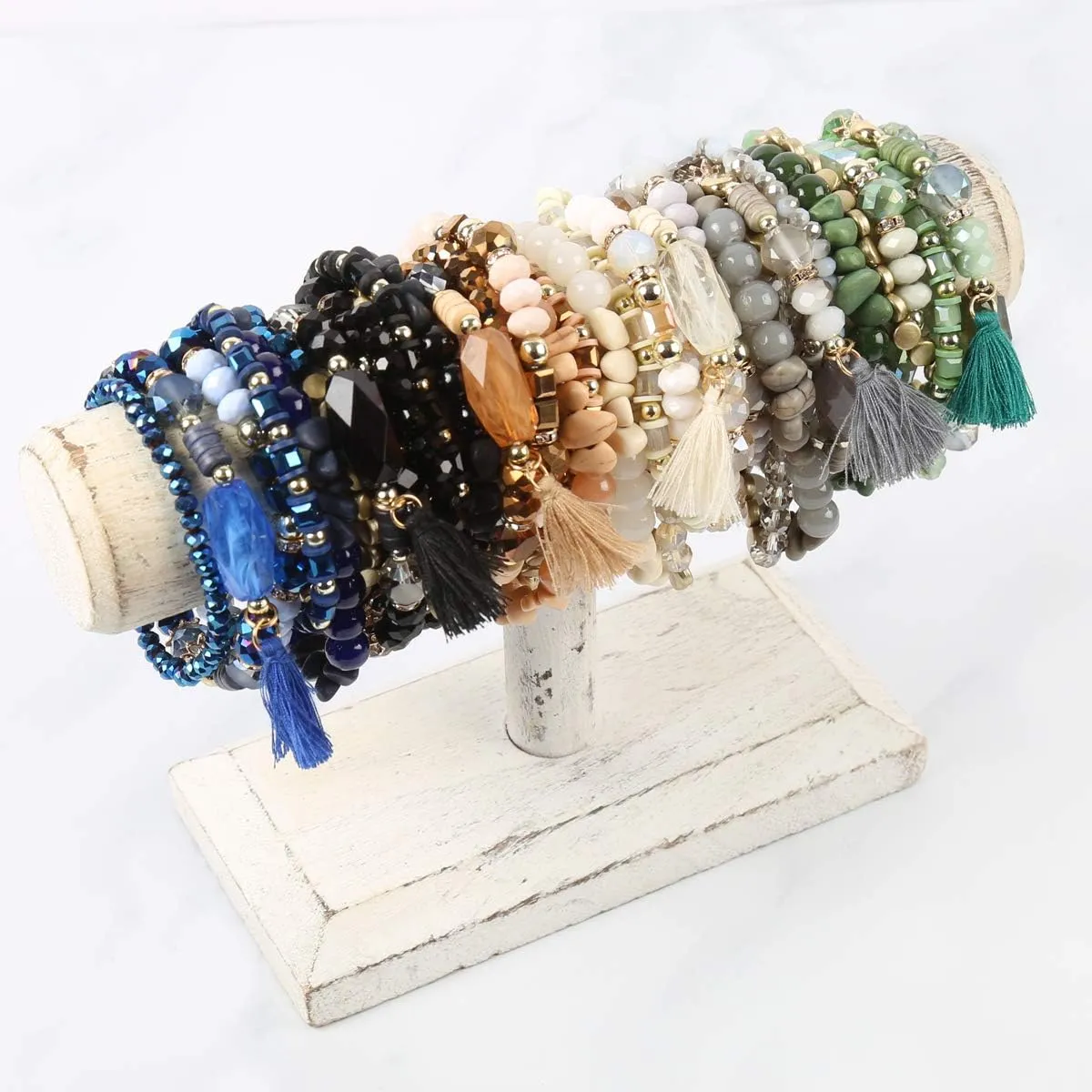 RIAH FASHION Coin Bead Multi Layer Versatile Statement Bracelets - Stackable Beaded Strand Stretch Bangles Sparkly Crystal, Tassel Charm
