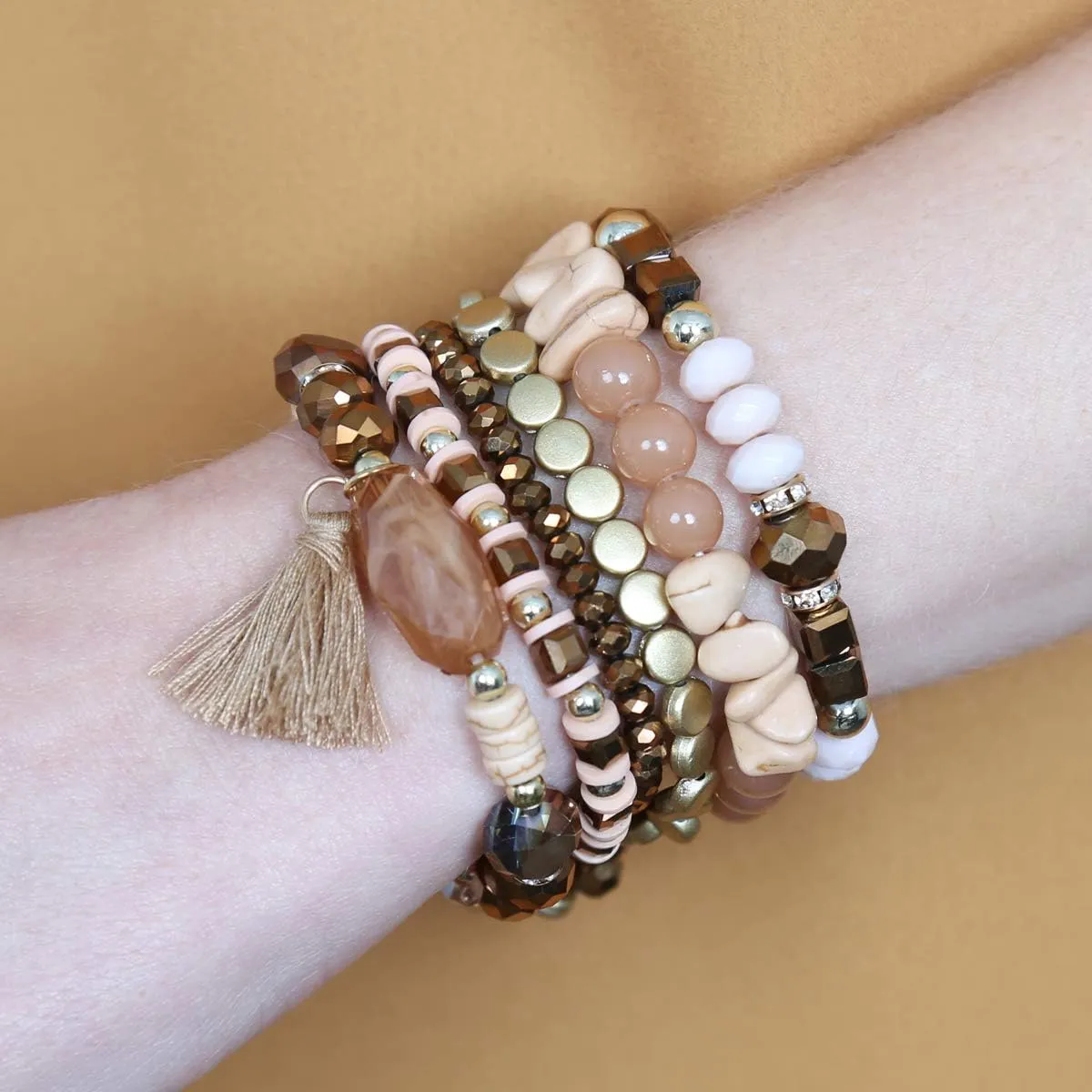 RIAH FASHION Coin Bead Multi Layer Versatile Statement Bracelets - Stackable Beaded Strand Stretch Bangles Sparkly Crystal, Tassel Charm
