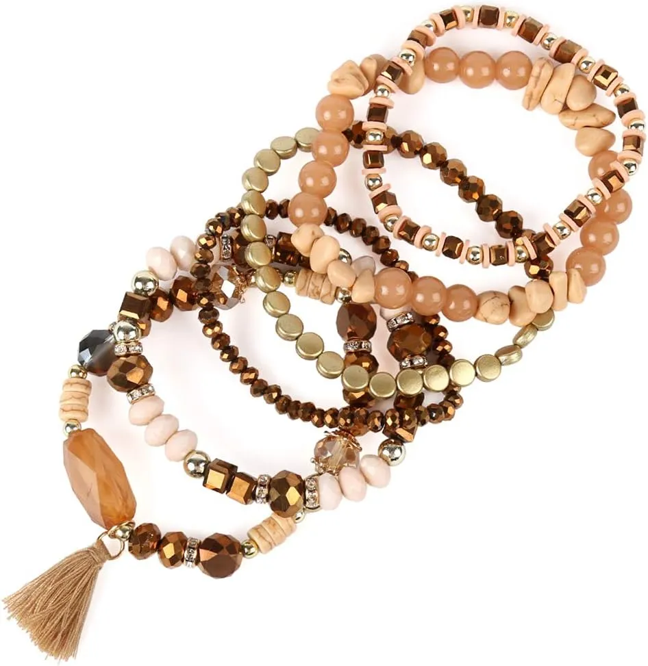 RIAH FASHION Coin Bead Multi Layer Versatile Statement Bracelets - Stackable Beaded Strand Stretch Bangles Sparkly Crystal, Tassel Charm