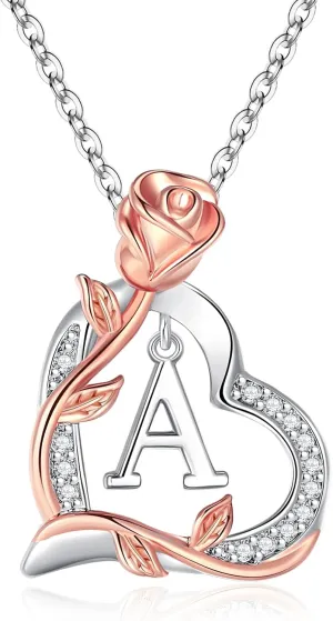 Rose Heart Initial Necklaces for Girlfriend Trendy Letter Love Pendant Silver Necklace Wife Birthday Jewelry Gifts