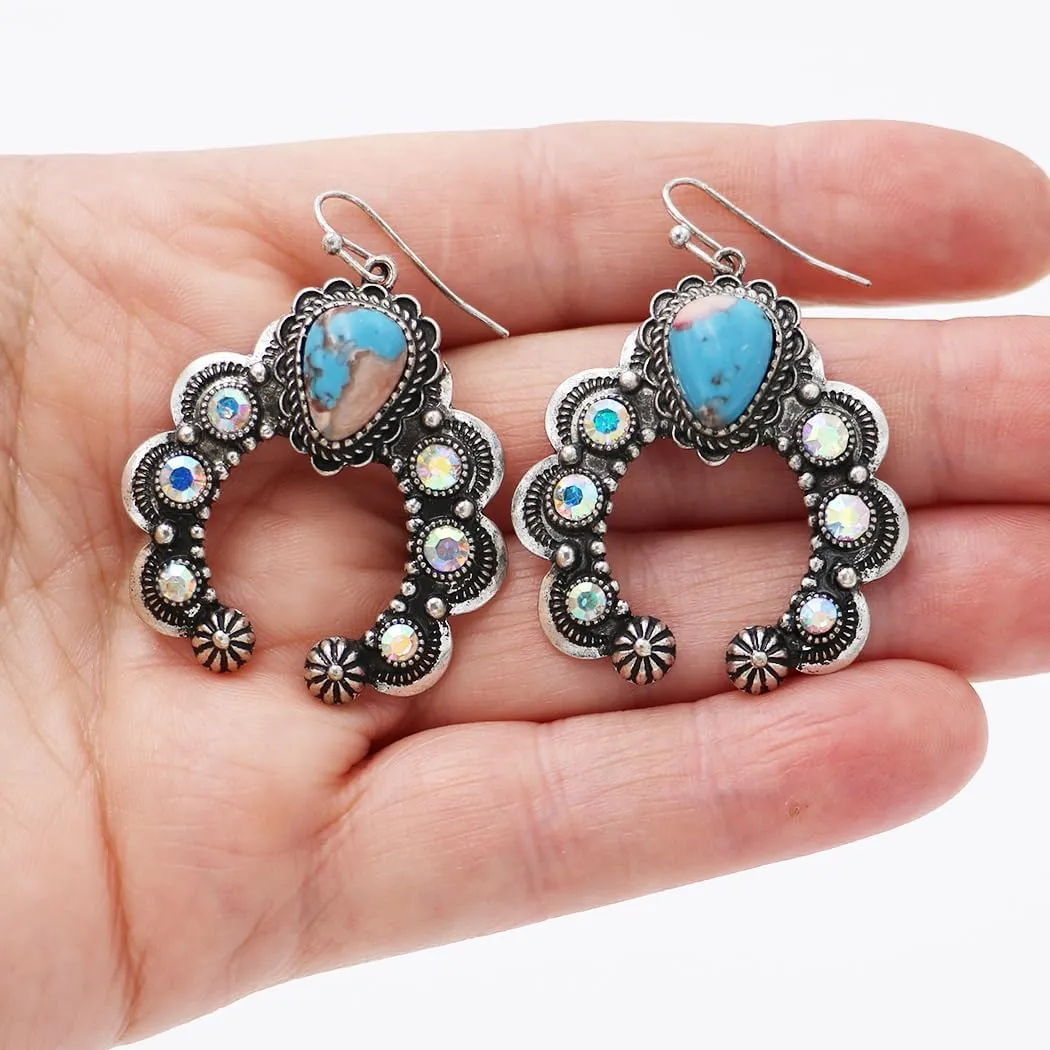 Rosemarie & Jubalee Women's Cowgirl Chic AB Crystal Rhinestones And Turquoise Blue Howlite Stone Squash Blossom Western Jewelry Pieces