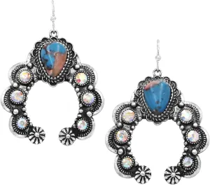 Rosemarie & Jubalee Women's Cowgirl Chic AB Crystal Rhinestones And Turquoise Blue Howlite Stone Squash Blossom Western Jewelry Pieces