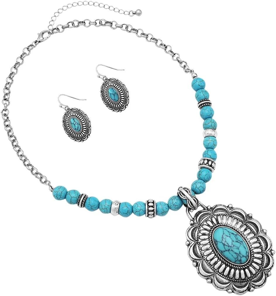 Rosemarie & Jubalee Womens Cowgirl Chic Western Style Statement Turquoise Howlite Stone Concho Pendant Necklace Earrings Set, 18" 3" Extender