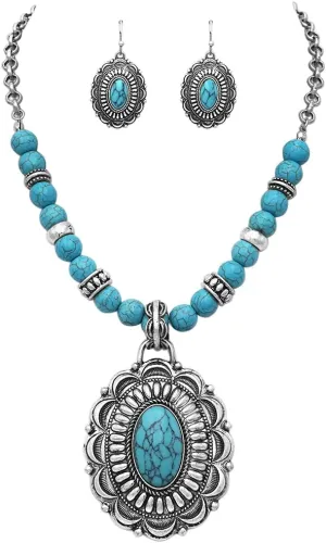 Rosemarie & Jubalee Womens Cowgirl Chic Western Style Statement Turquoise Howlite Stone Concho Pendant Necklace Earrings Set, 18" 3" Extender
