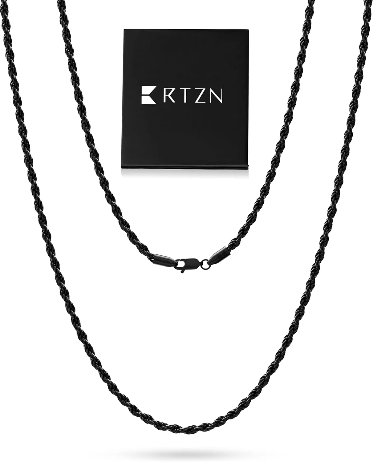 RTZN Mens Black Chain Necklace  3/3.5/5mm Rope Chains & Black Cuban Link Chain for Men & Women  Premium Non-Tarnish & Waterproof Mens Stainless Steel Necklace  18/20/22/24/26" Inch