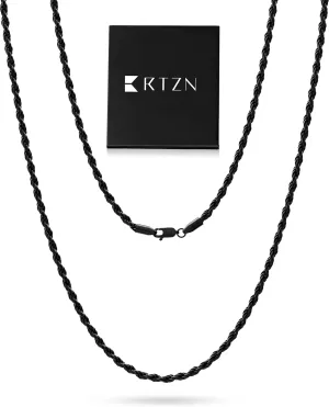 RTZN Mens Black Chain Necklace  3/3.5/5mm Rope Chains & Black Cuban Link Chain for Men & Women  Premium Non-Tarnish & Waterproof Mens Stainless Steel Necklace  18/20/22/24/26" Inch