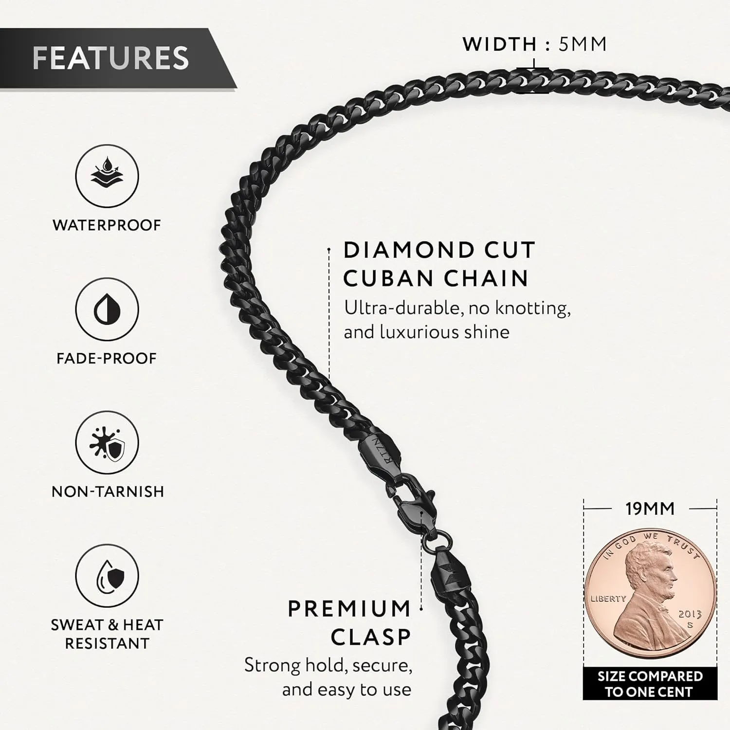 RTZN Mens Black Chain Necklace  3/3.5/5mm Rope Chains & Black Cuban Link Chain for Men & Women  Premium Non-Tarnish & Waterproof Mens Stainless Steel Necklace  18/20/22/24/26" Inch