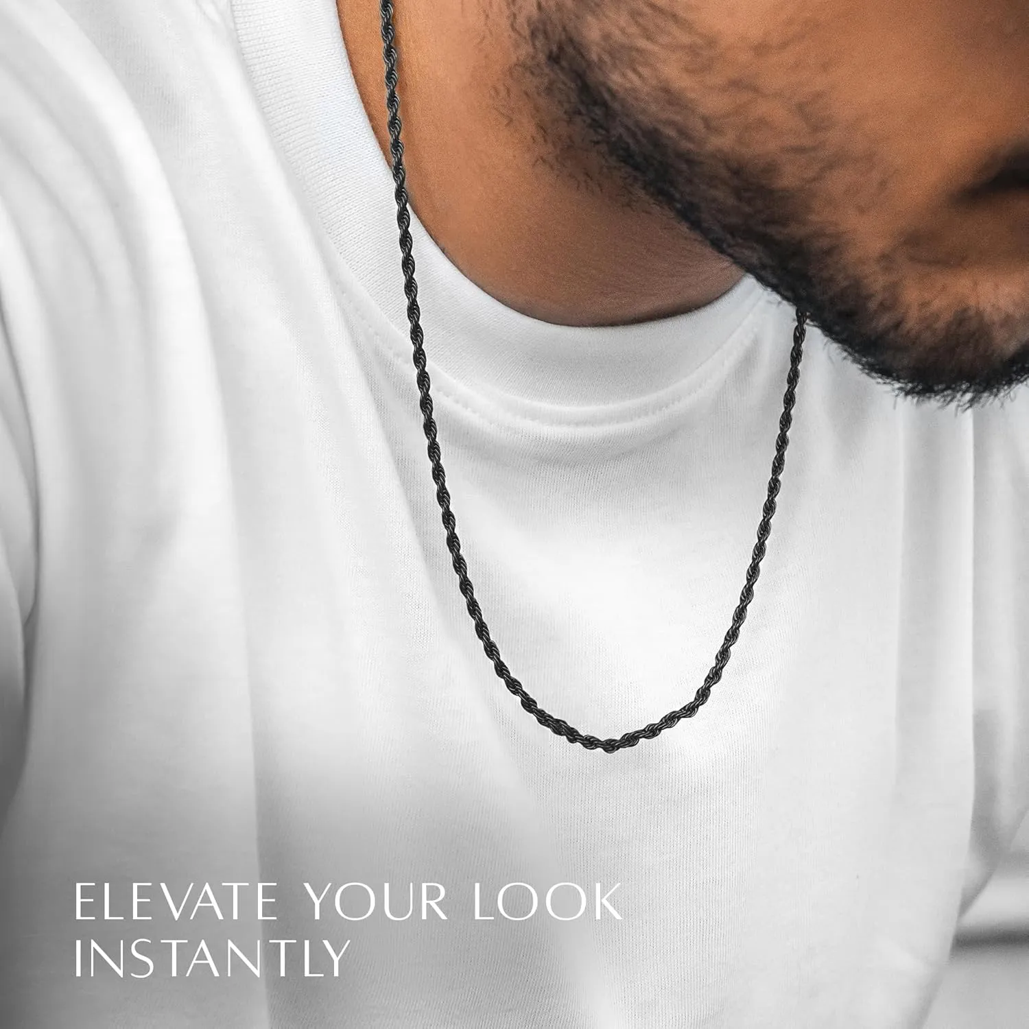 RTZN Mens Black Chain Necklace  3/3.5/5mm Rope Chains & Black Cuban Link Chain for Men & Women  Premium Non-Tarnish & Waterproof Mens Stainless Steel Necklace  18/20/22/24/26" Inch