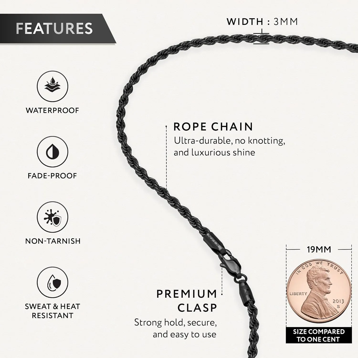 RTZN Mens Black Chain Necklace  3/3.5/5mm Rope Chains & Black Cuban Link Chain for Men & Women  Premium Non-Tarnish & Waterproof Mens Stainless Steel Necklace  18/20/22/24/26" Inch