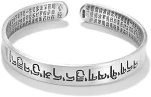 S925 Silver Heart Sutra cuff bracelet for men women ~ Six-Character Prayer Mantra Bracelet ~ Couple Jewelry By Fantasy World (10mm Width, Sterling Silver)