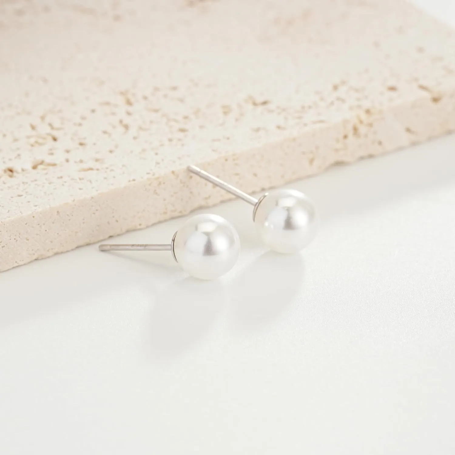 S999 Sterling Silver, White Pearl Earrings Round Stud Earring for Women, Hypoallergenic Earrings For Wedding Brides Jewelry Gift