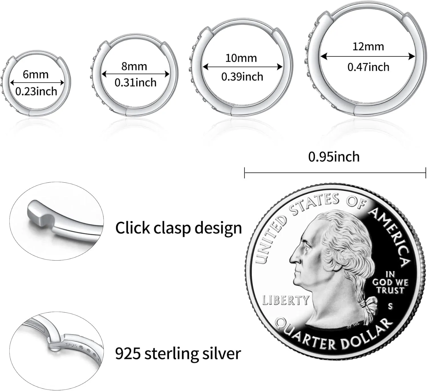 SANNYRA Hoops Earrings for Women, Small cartilage Diamond Sterling Silver Huggie Hoop Earrings, 6mm 8mm 10mm 12mm Cz Ear Studs for Men Women