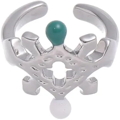 Silver Adjustable Ear Cuff with Modern Geometric Design Earrings and Green & White Bead Accents, stylish fashion jewelry  Hypoallergenic, Nickel-Free Ear Wrap Brass Plated Silver Ear Cuff for Women and Men Unisex