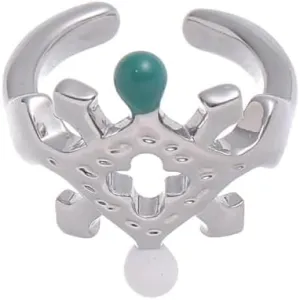 Silver Adjustable Ear Cuff with Modern Geometric Design Earrings and Green & White Bead Accents, stylish fashion jewelry  Hypoallergenic, Nickel-Free Ear Wrap Brass Plated Silver Ear Cuff for Women and Men Unisex