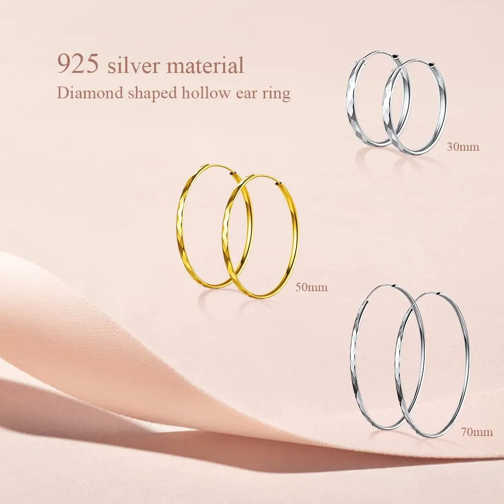 Silvora Large Sterling Silver Hoop Earrings for Women Diamond-Cut Silver Hoop Earrings Hypoallergenic Circle 3mm Thin Hoop Oversize Hoop Earrings for Girls 30/50/70mm