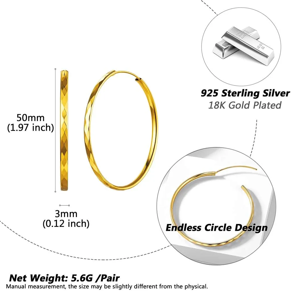 Silvora Large Sterling Silver Hoop Earrings for Women Diamond-Cut Silver Hoop Earrings Hypoallergenic Circle 3mm Thin Hoop Oversize Hoop Earrings for Girls 30/50/70mm
