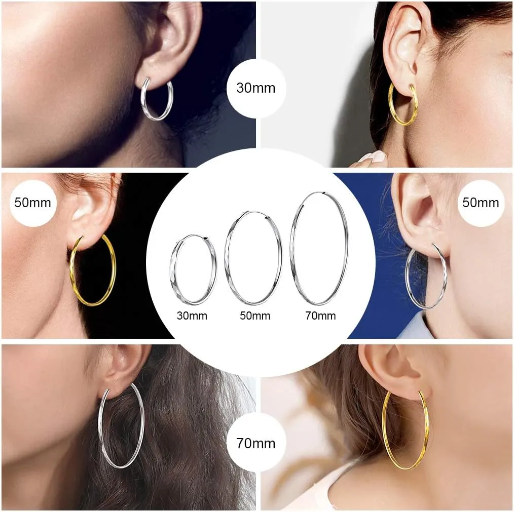 Silvora Large Sterling Silver Hoop Earrings for Women Diamond-Cut Silver Hoop Earrings Hypoallergenic Circle 3mm Thin Hoop Oversize Hoop Earrings for Girls 30/50/70mm