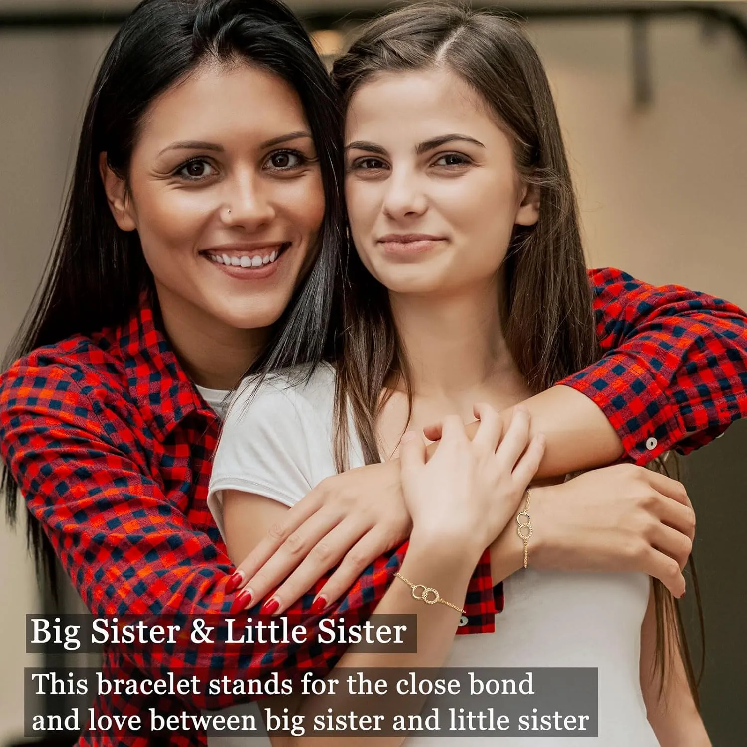 Sister Gifts, Interlocking Double Circle Rings Bracelets 19K Gold Plated, Big Sister Little Sister Gift, Christmas Day Birthday Inspirational Meaningful Gifts