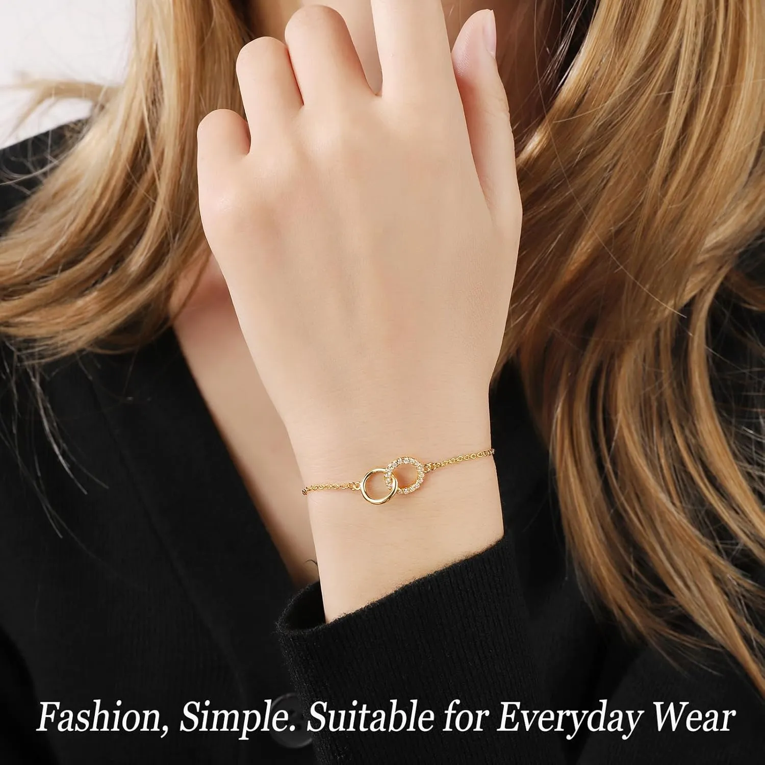 Sister Gifts, Interlocking Double Circle Rings Bracelets 19K Gold Plated, Big Sister Little Sister Gift, Christmas Day Birthday Inspirational Meaningful Gifts
