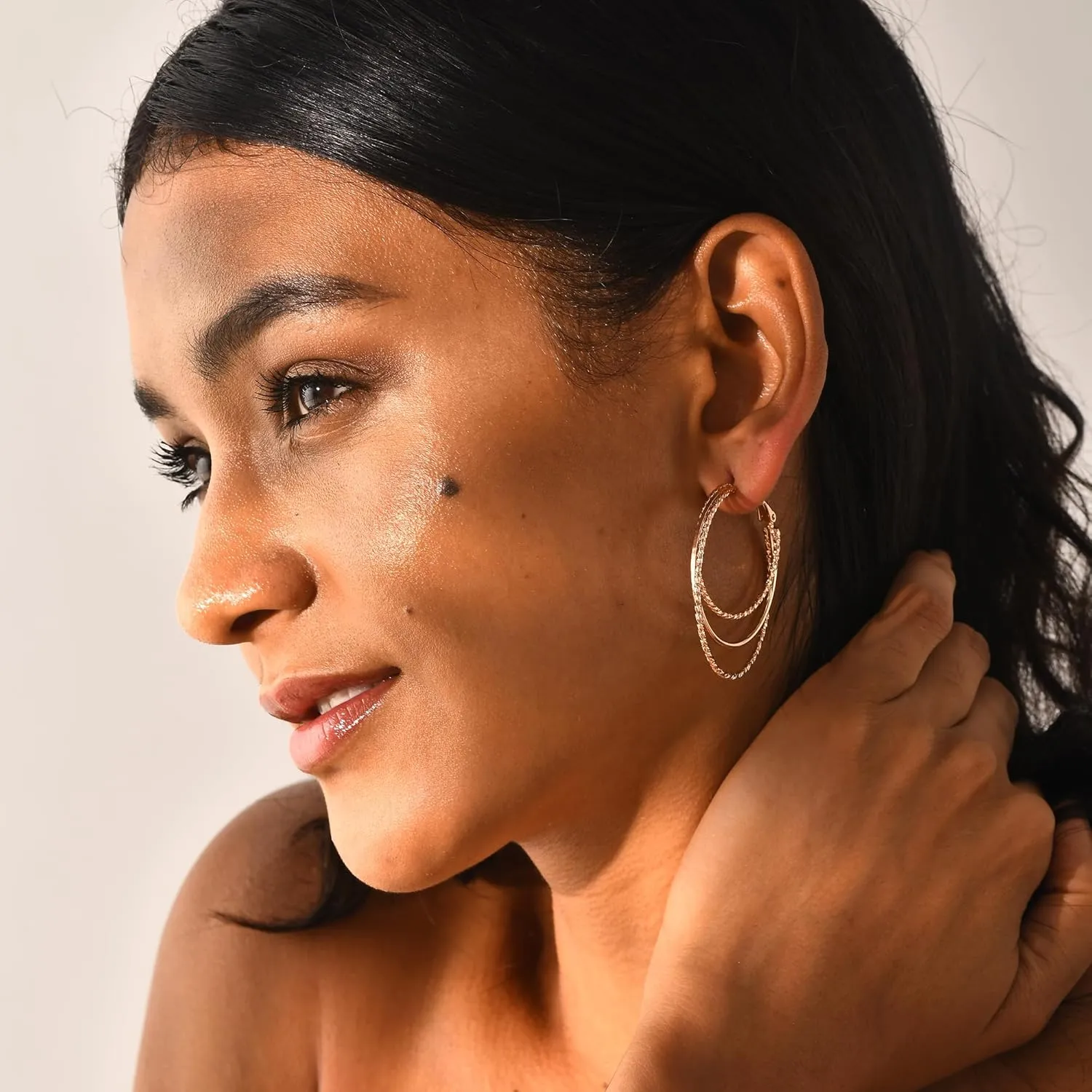 Smooth and Textured Wire Gold Plated Hoop Earrings for Women Lightweight Hypoallergenic Thin Big Triple Hoop Earrings for Women