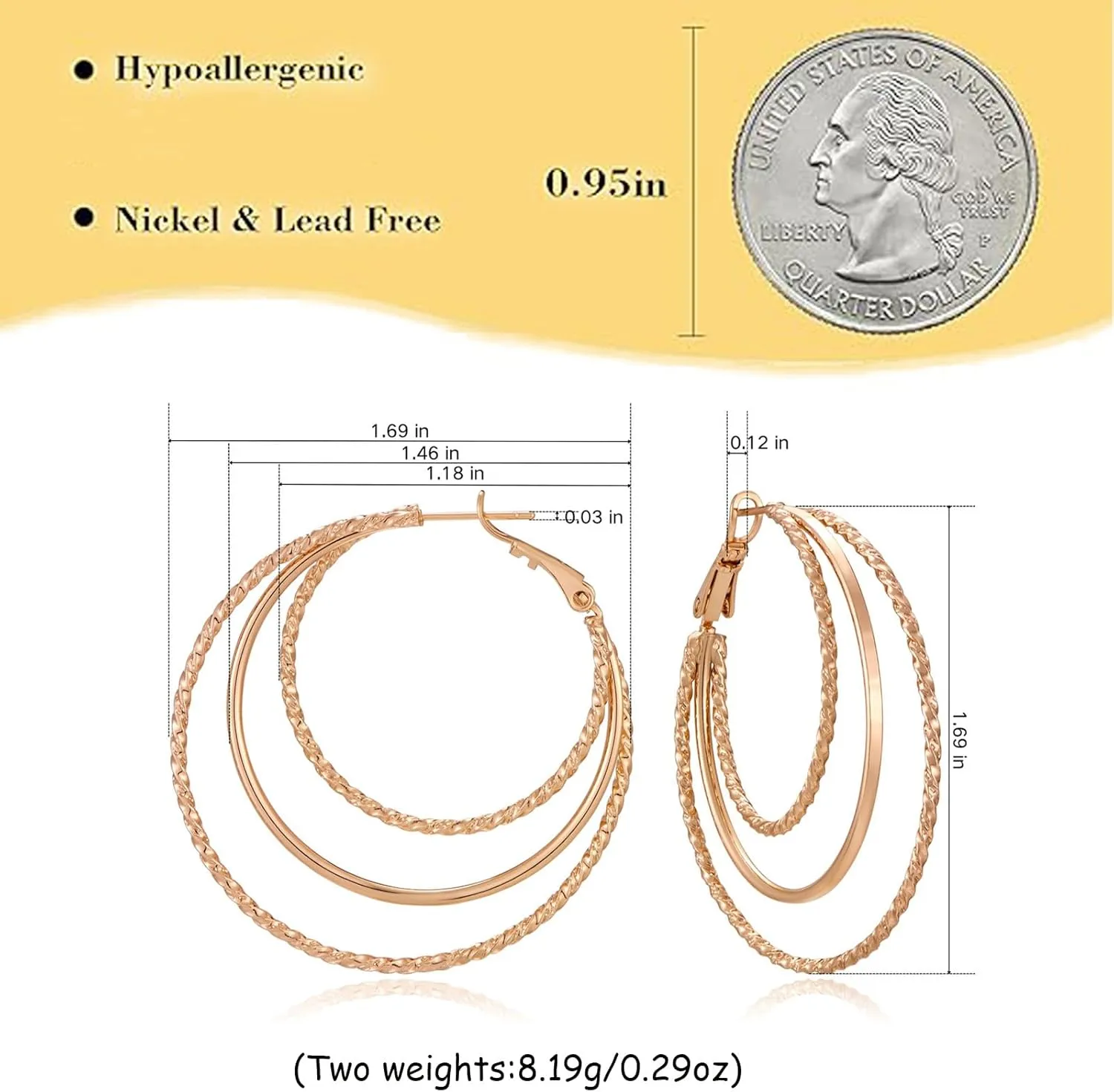 Smooth and Textured Wire Gold Plated Hoop Earrings for Women Lightweight Hypoallergenic Thin Big Triple Hoop Earrings for Women