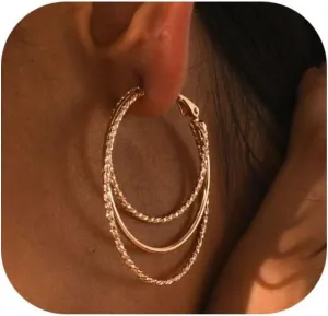 Smooth and Textured Wire Gold Plated Hoop Earrings for Women Lightweight Hypoallergenic Thin Big Triple Hoop Earrings for Women