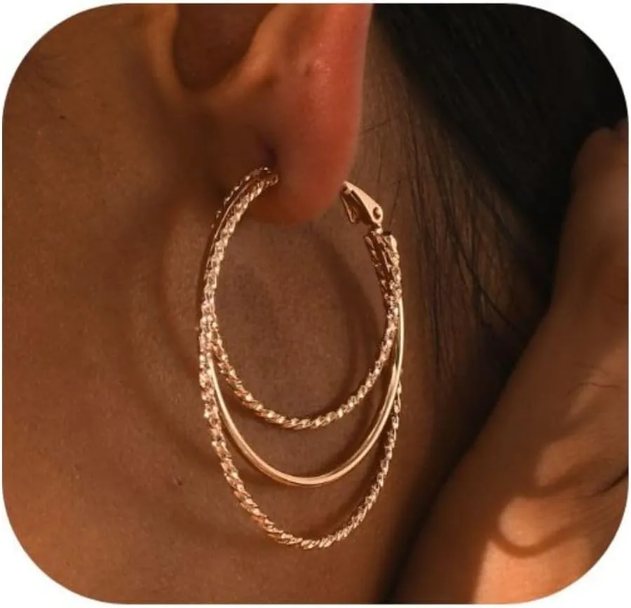 Smooth and Textured Wire Gold Plated Hoop Earrings for Women Lightweight Hypoallergenic Thin Big Triple Hoop Earrings for Women