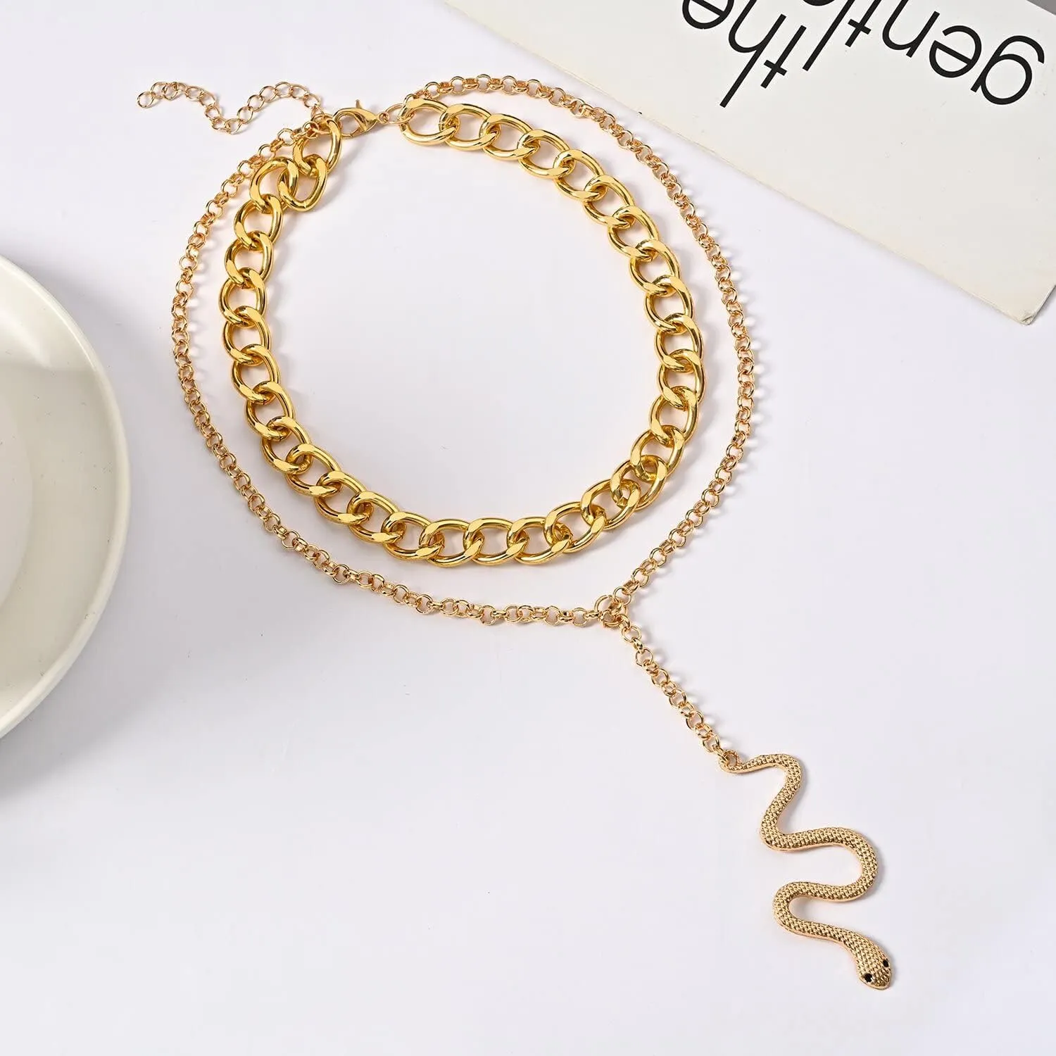 Snake Layered Chunky Necklace Dainty Snake Serpent Pendant Necklaces Gold Layered Necklace Bohemian Choker Jewelry for Women
