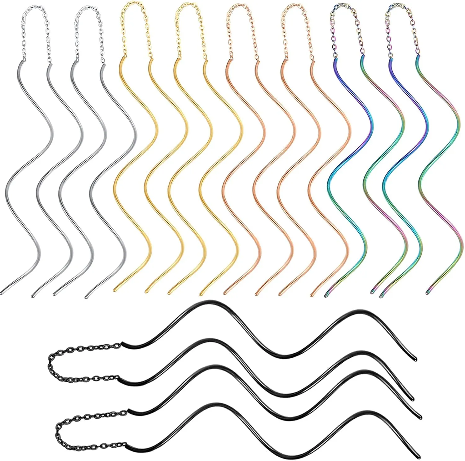 Spiral Threader Dangle Earrings for Women in 5 Colors - Silver Black Gold Rainbow Rosegold - Chic & Lightweight Drop Prom Earrings