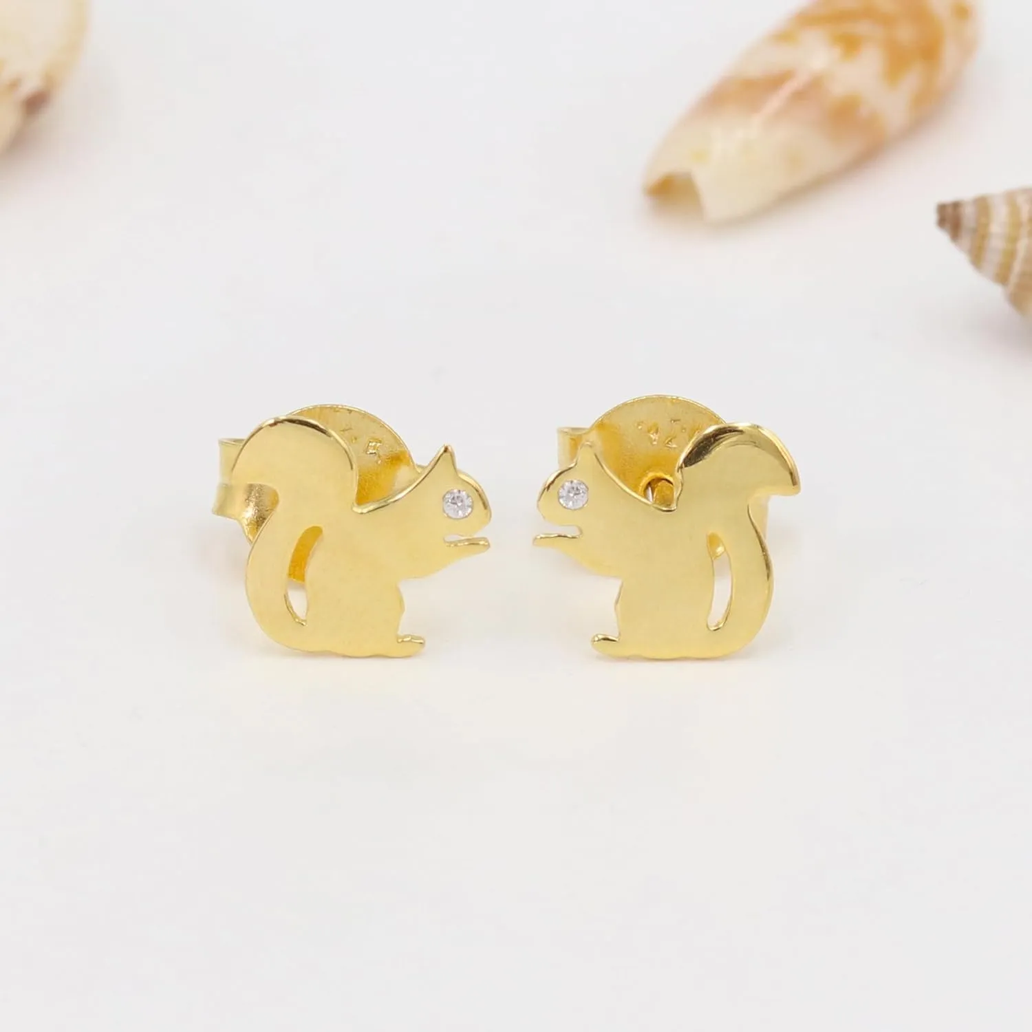 Squirrel Stud Earrings, Quirky Fun Earring, 18K Gold Earrings, Diamond Studded Earrings, 1 mm Round Diamond Studded Squirrel Studs for Her