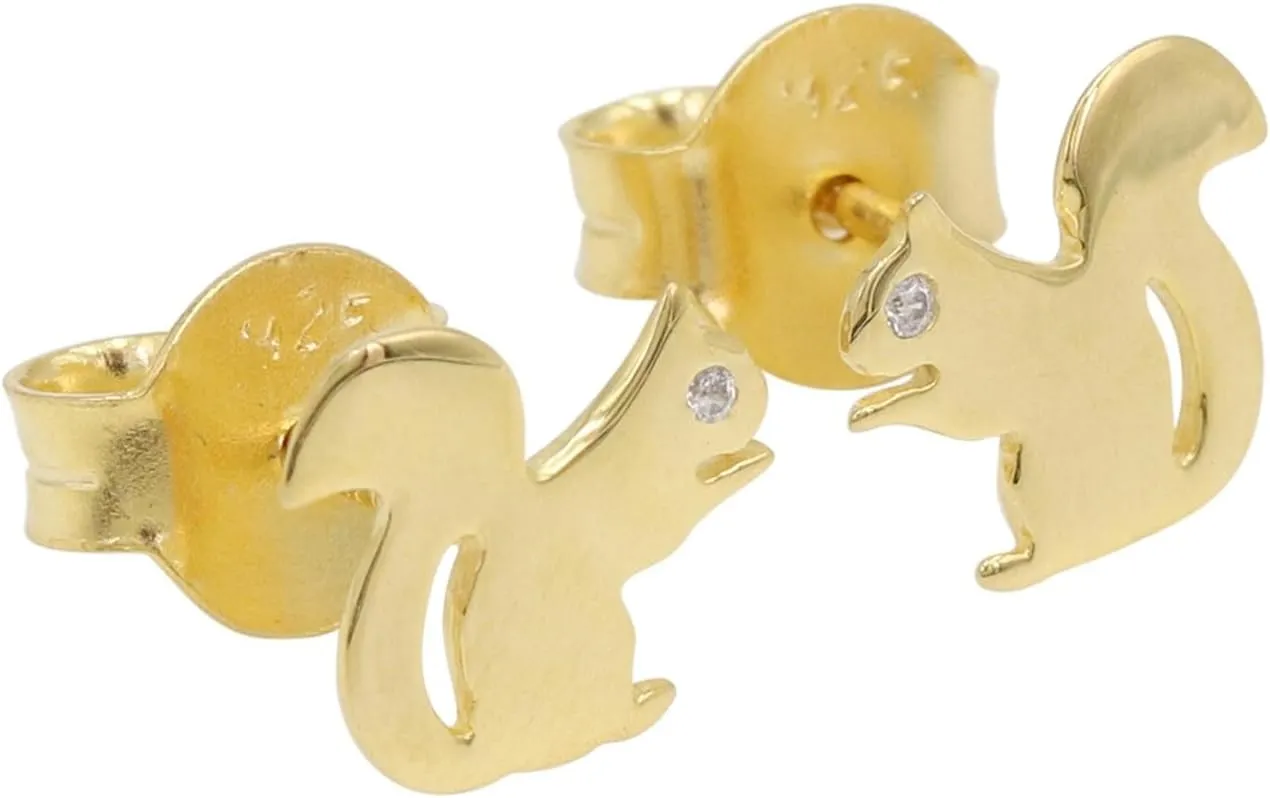 Squirrel Stud Earrings, Quirky Fun Earring, 18K Gold Earrings, Diamond Studded Earrings, 1 mm Round Diamond Studded Squirrel Studs for Her