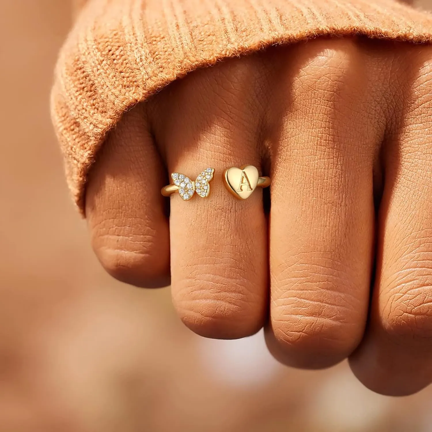 Stackable Initial Rings for Women, Rose Gold Plated Butterfly Capital Letter Rings for Teens, Girls