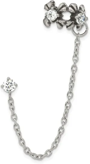 Stainless Steel Antiqued and Polished CZ Cuff Earring (Sold Single)